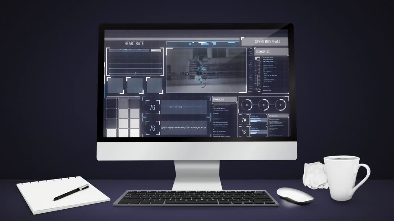 파란색 배경에 컴퓨터 화면에서 데이터 처리를 하는 디지털 인터페이스
