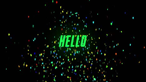 Animation-of-hello-text-and-confetti-falling-on-dark-background