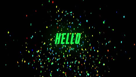 animación de texto de saludo y confeti cayendo sobre un fondo oscuro