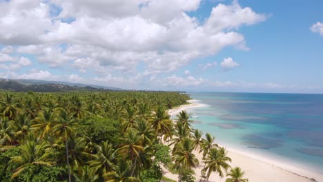 Aerial-shot-of-deserted-caribbean-beach-and-cloudy-blue-skies