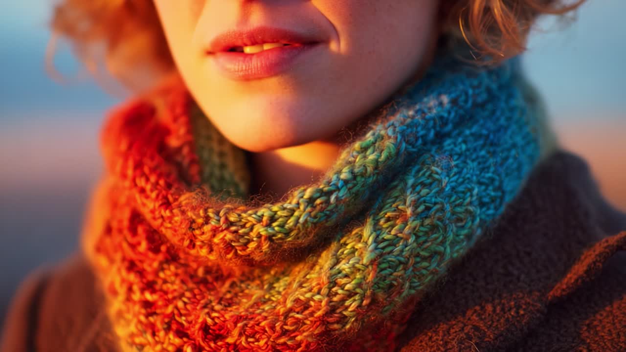Close-up Portrait of a Person Wearing a Colorful Knitted Scarf, Emphasizing the Textures and Vibrant Yarn Colors Against a Soft Sunset Background