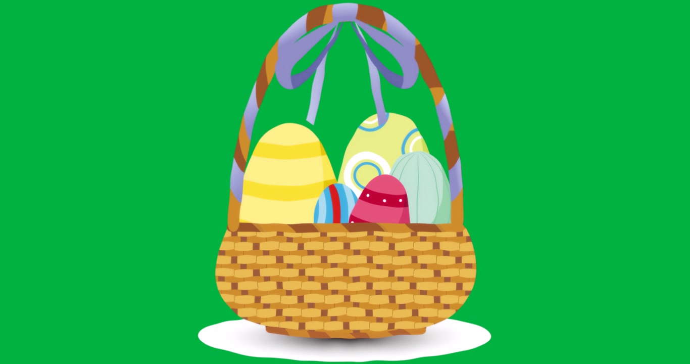 Marketer che posizionano un cesto contenente uova di Pasqua colorate con un fiocco viola su sfondo trasparente.