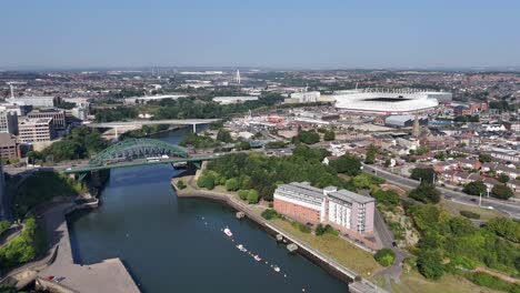 aerial drone view of sunderland north east england uk tyne and wear wearside river early morning stadium of light monkwearmouth bridge