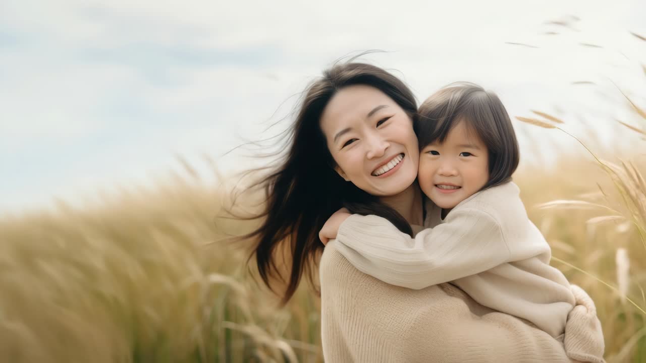 Warm, joyful scene of a mother and child in a wheat field. Captured at eye level, the video style