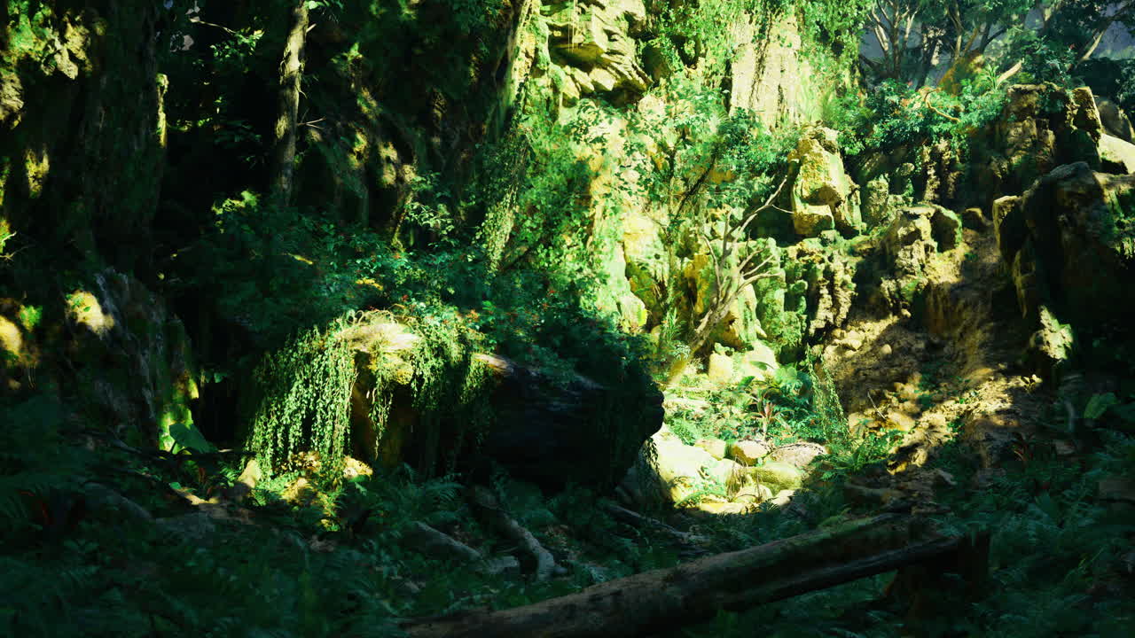Lush green forest showcasing vibrant foliage and ancient rock formations
