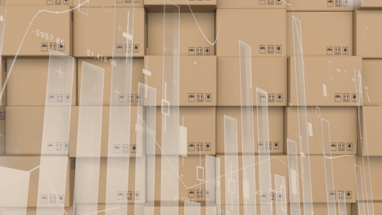 procesamiento de datos estadísticos contra la pila de cajas de entrega en el almacén