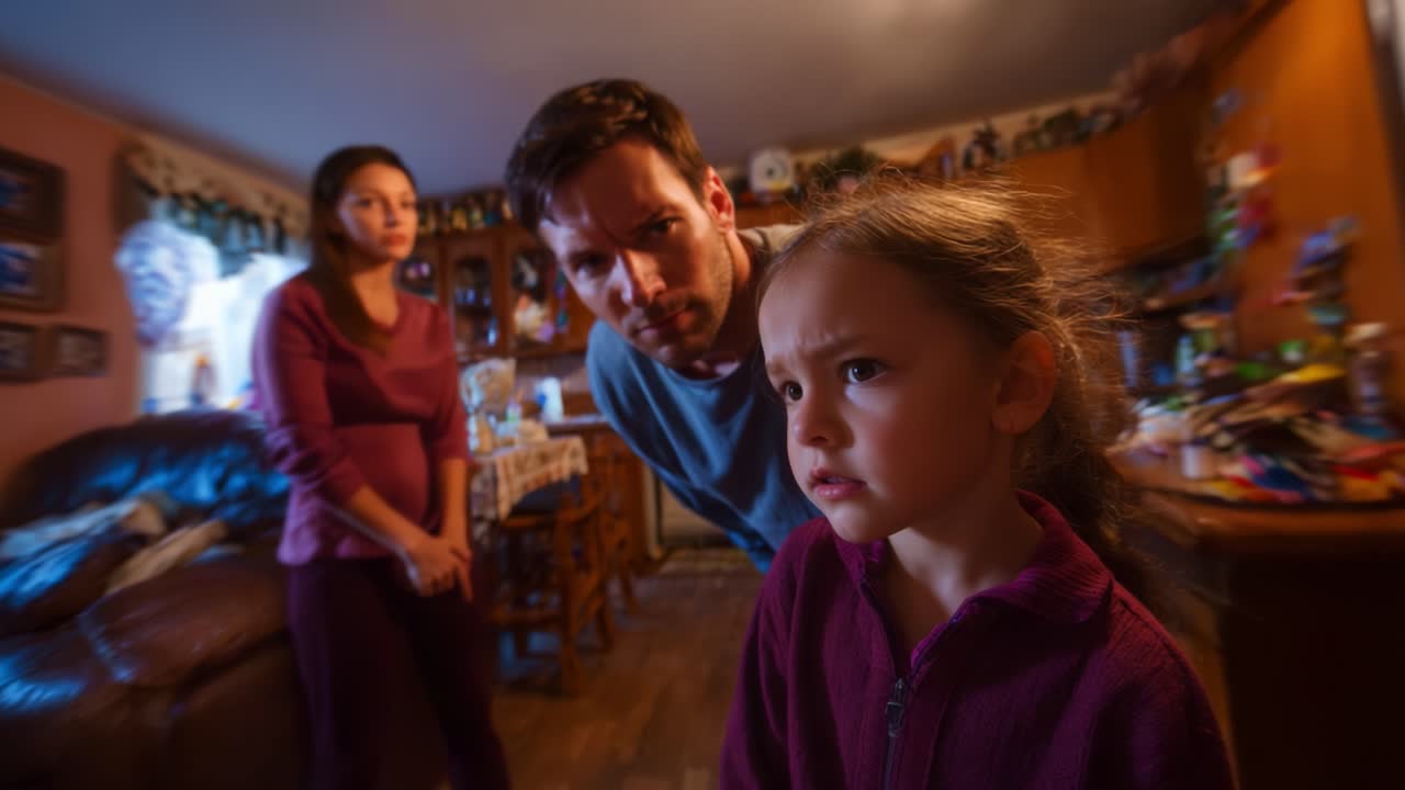 Una tensa interacción familiar se desarrolla cuando un hombre adulto se enfrenta a una niña, causándole una visible angustia. El fondo sugiere un entorno doméstico lleno de emoción.
