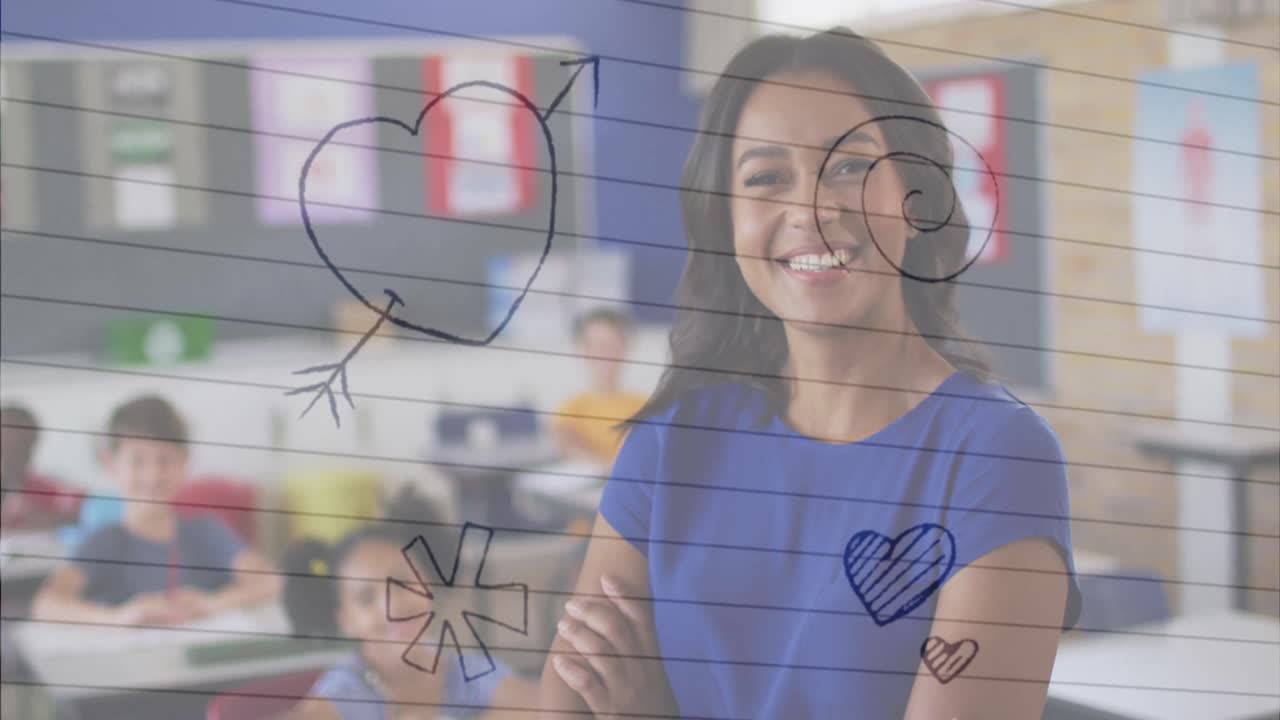 varios iconos sobre papel de línea blanca contra el retrato de una maestra afroamericana en la escuela