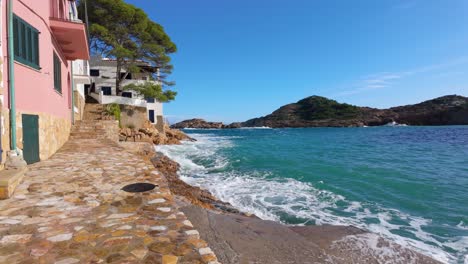 tamariu beach in costa brava de girona super slow motion white houses in front of the mediterranean sea