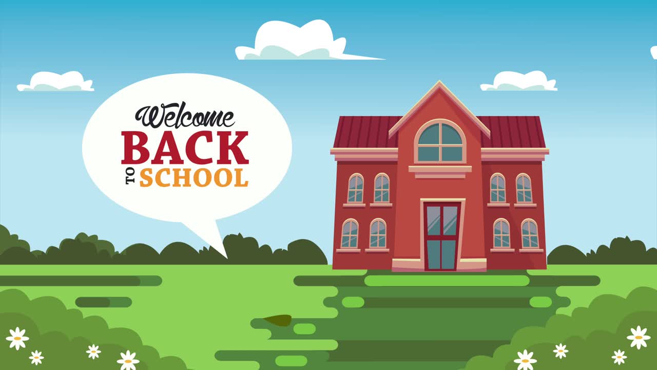 건물 전면으로 학교로 돌아가는 애니메이션