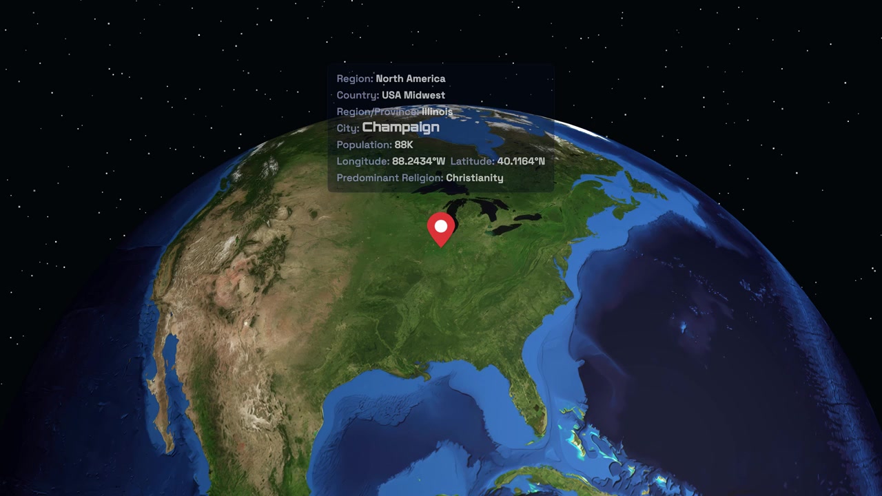 Un globo 3D ruota nello spazio prima di zoomare sul Nord America con dati di localizzazione.