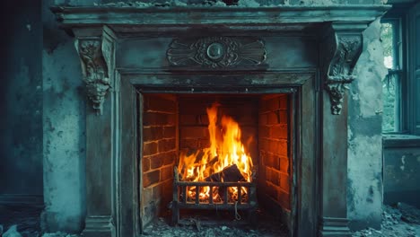 a fireplace in an abandoned room with a fire in it