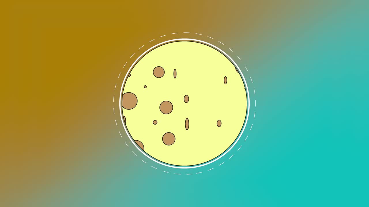 Animated cartoon moon looking like cheese, turning over bokeh yellow-blue background.