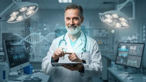 innovative medical research: a doctor demonstrating genetic analysis and advanced health technologies in a modern laboratory setting