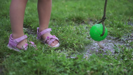 a little girl plays on a meadow with green grass with a dog toy tethered on a rope