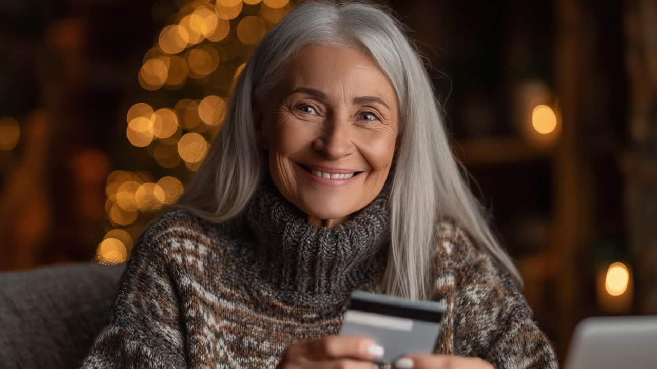 Uma mulher mais velha aproveita a alegria de fazer compras on-line, sorrindo enquanto segura um cartão de crédito, capturada em um ambiente festivo e acolhedor com belas luzes natalinas no plano de fundo.