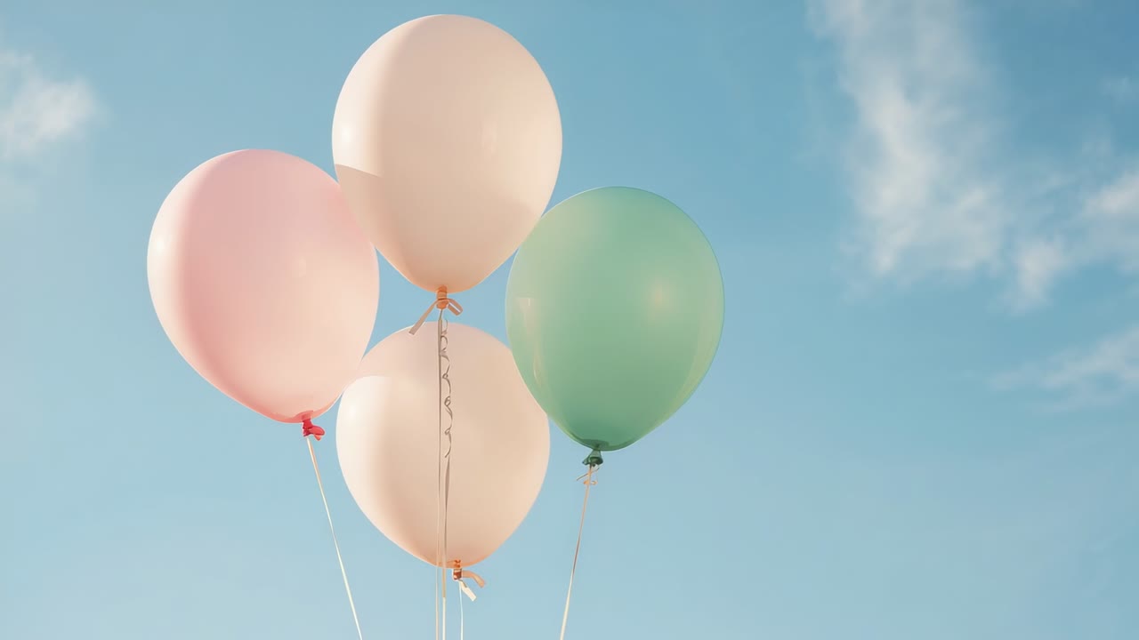 Gruppo fluttuante di quattro palloncini gonfiati a elio che si innalzano in un cielo azzurro chiaro, una leggera brezza solleva i nastrini