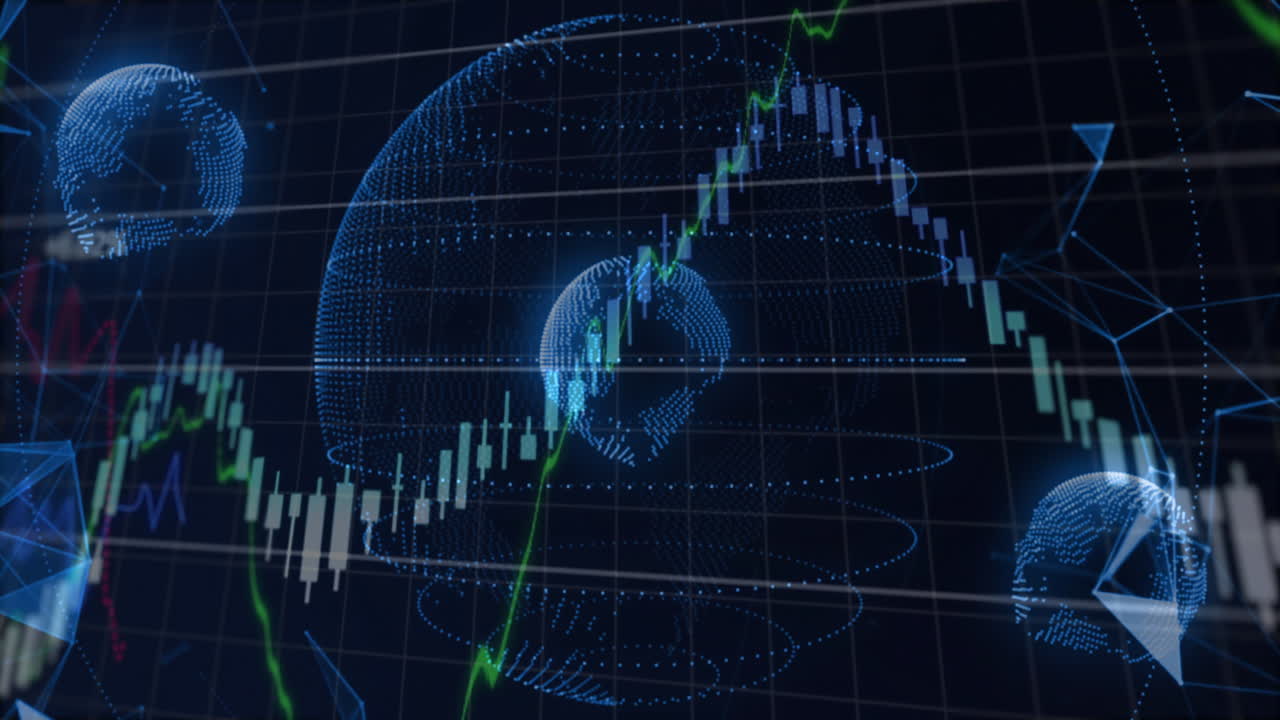 central 3D dotted globe floating above grid, displaying candlestick chart and colored line graphs