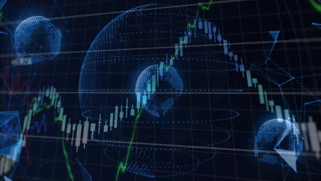 central 3d dotted globe floating above grid, displaying candlestick chart and colored line graphs