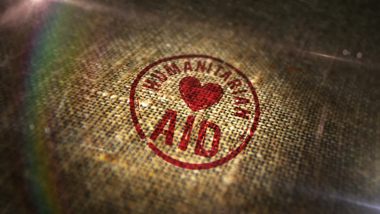 Humanitarian Aid and help sign stamp on linen sack loop animation