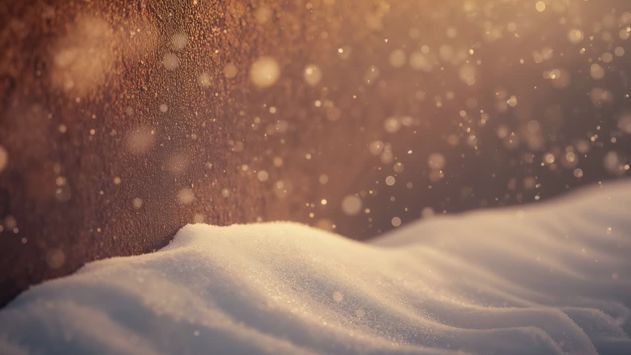 Gentle breeze sending falling flakes across low snowdrift beside textured wall, with warm backlight