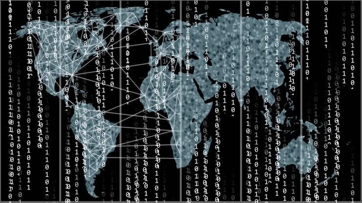 Animation of binary coding and data processing over world map