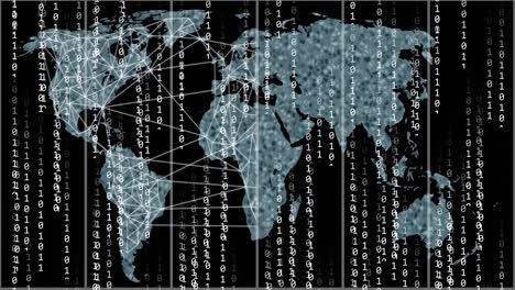 animación de codificación binaria y procesamiento de datos sobre el mapa del mundo