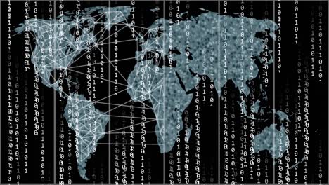 animation du codage binaire et du traitement des données sur la carte du monde
