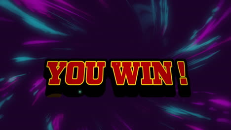 digital animation of you win text banner against blue and purple digital waves on black background