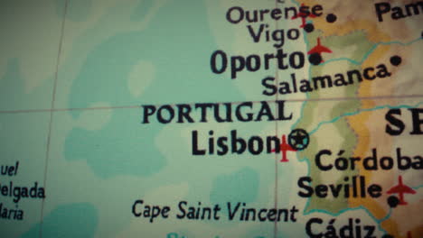 close-up of a map showing portugal and western spain