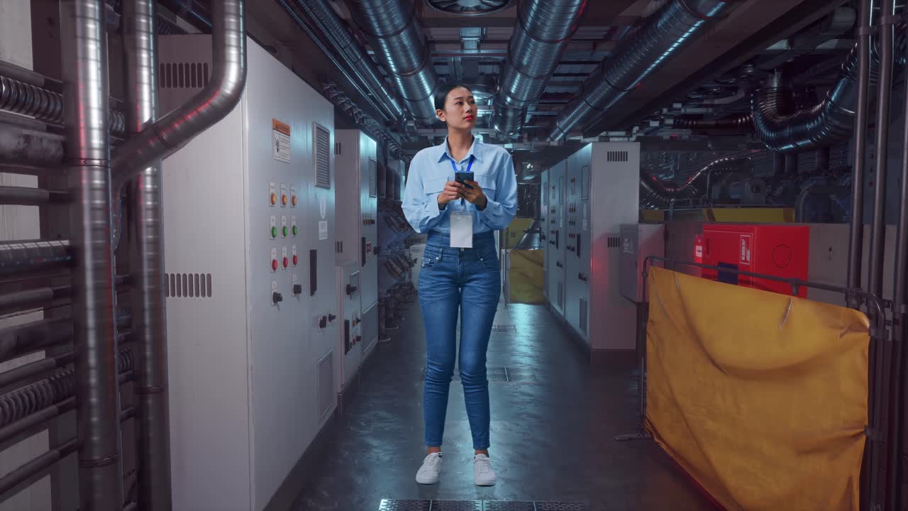Full Body Of An Asian Female Worker With Her Smarphone In Engine Control Room, She Observes By Looking Around Before She Come To Concentrating With Her Smarphone