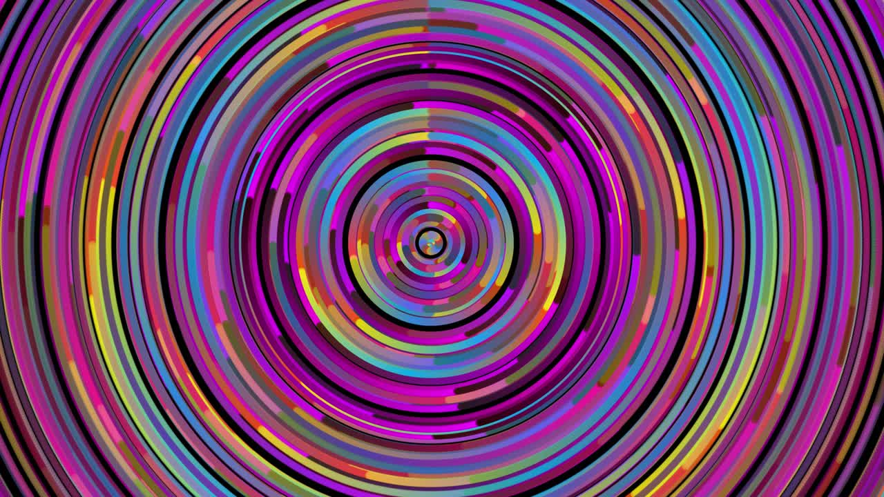 círculos y anillos de varios colores líneas. 3d renderización de fondo abstracto de diferentes partículas redondas 4k bucle sin costuras