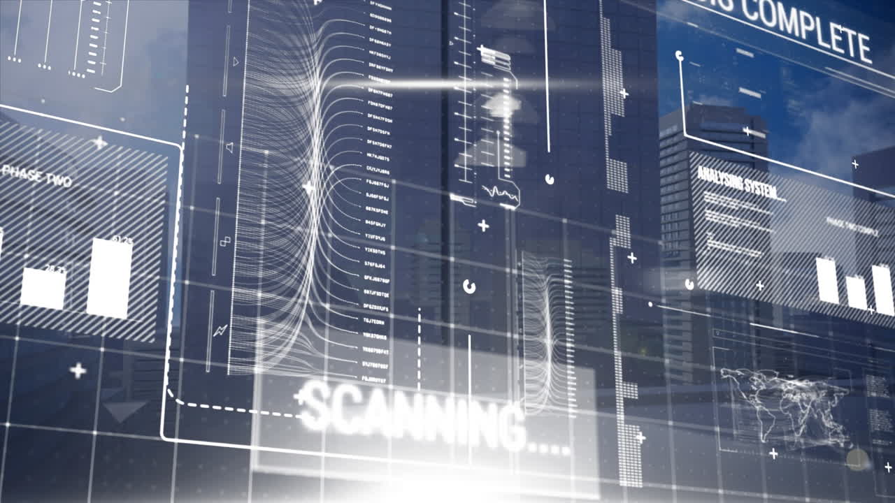 높은 건물의 공중 전망에 대한 데이터 처리와의 인터페이스의 애니메이션