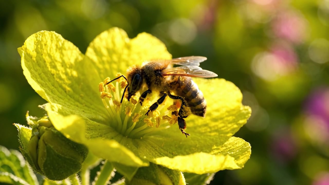 Eine Nahbegegnung: Eine Honigbiene nähert sich einer leuchtend gelben Blume und fängt die Schönheit des Bestäubungsprozesses der Natur in beeindruckenden Details ein.