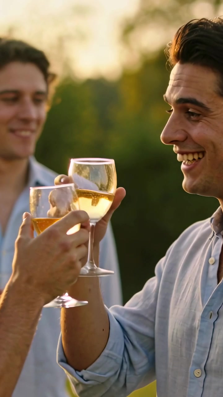 Vertical video: Starting toast, man in blue shirt raising wine glass and sipping in garden