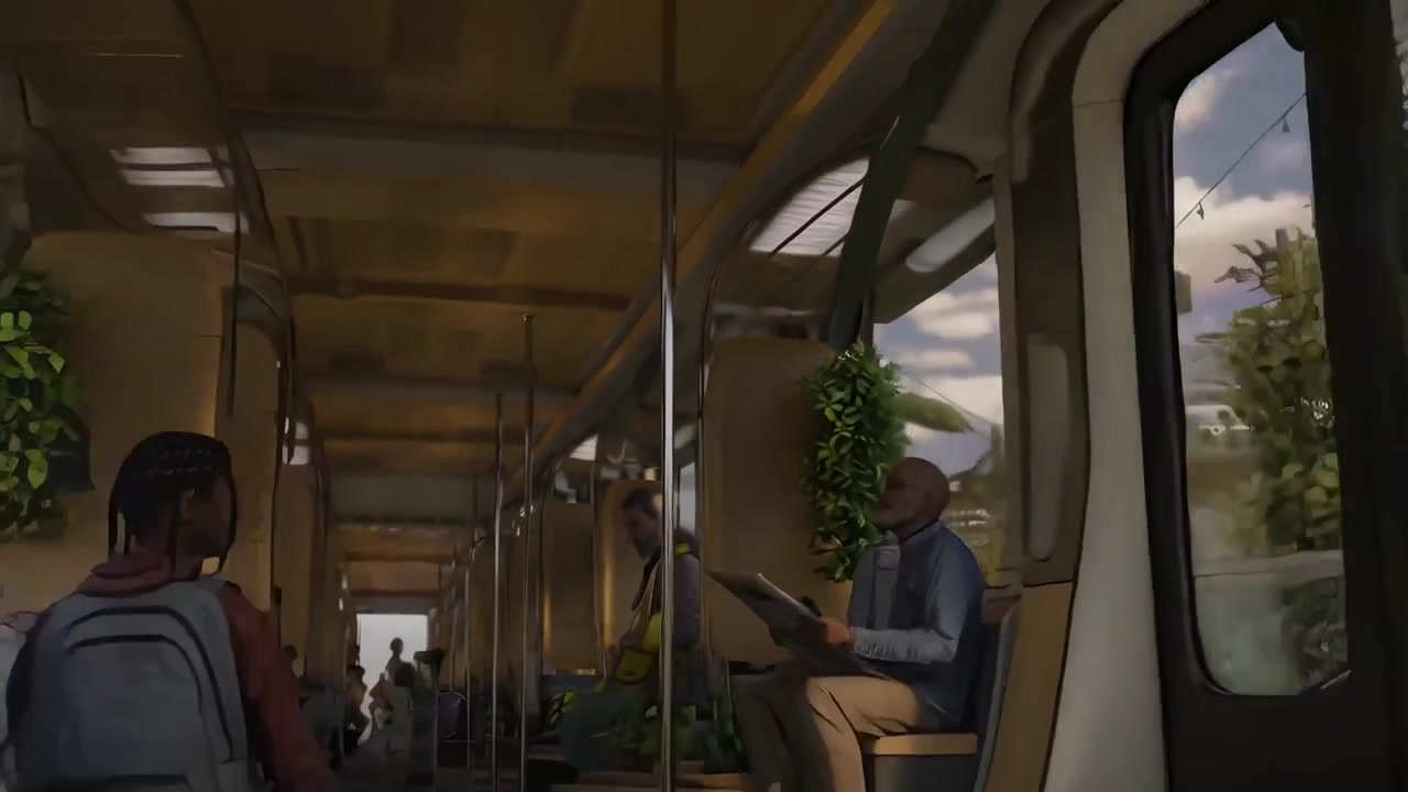 Modern Tram Traveling Through a Green Futuristic City