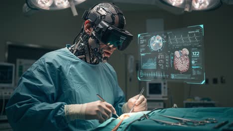 futuristic surgery: a robotic surgeon utilizing advanced technology and augmented reality for precision procedures in a high-tech operating room environment
