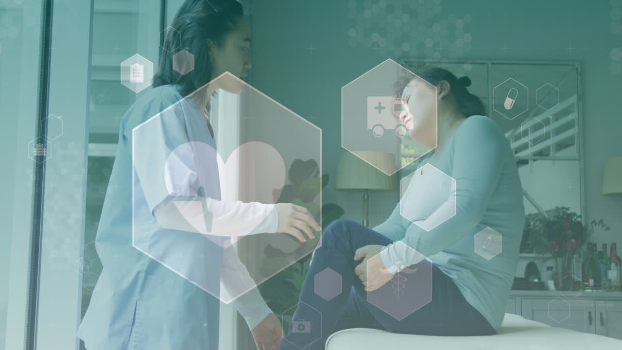 아시아 여성 환자와 의사에 대한 의료 아이콘의 애니메이션