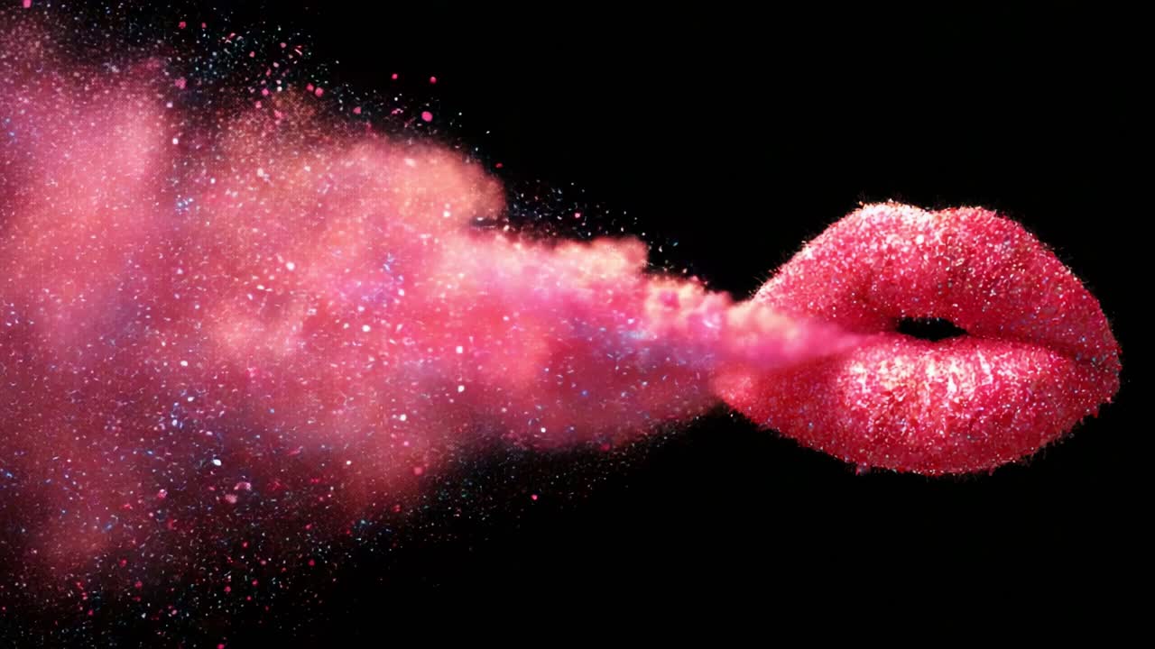 Un’immagine accattivante di labbra rosa scintillanti che esalano una nuvola di particelle luminose, creando un incantevole effetto di bellezza e fascino su uno sfondo scuro.