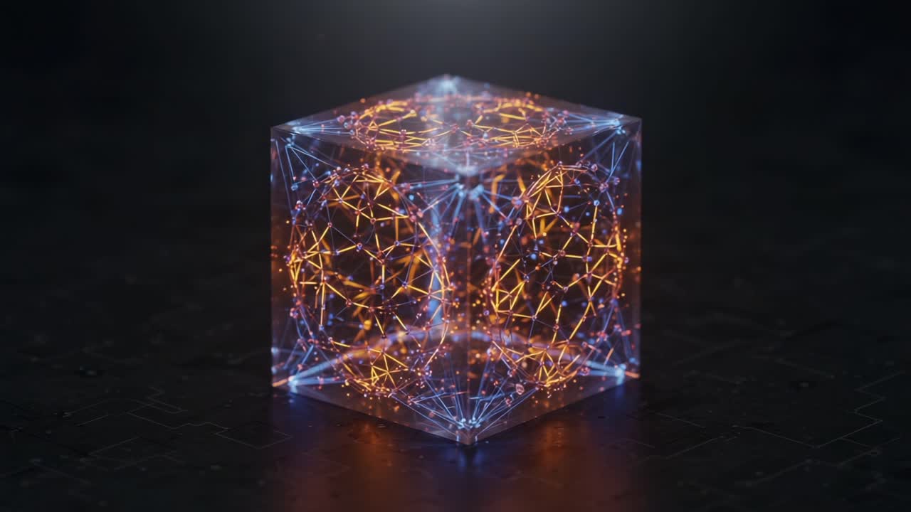 Illuminated Geometric Cube: A Captivating Display of Vibrant Lines and Digital Structures in an Enigmatic Dark Environment