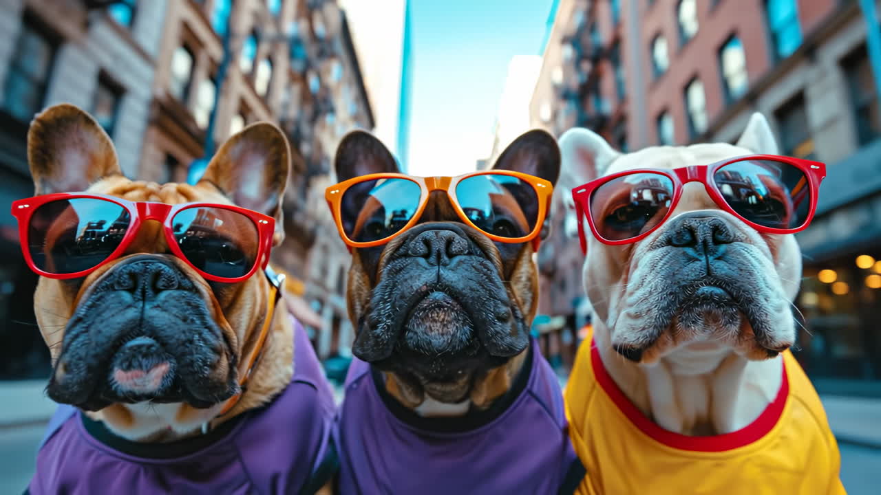 Stylish dogs in shades. Three dogs wearing colorful sunglasses pose on a sunny city street, showcasing their unique style and personalities