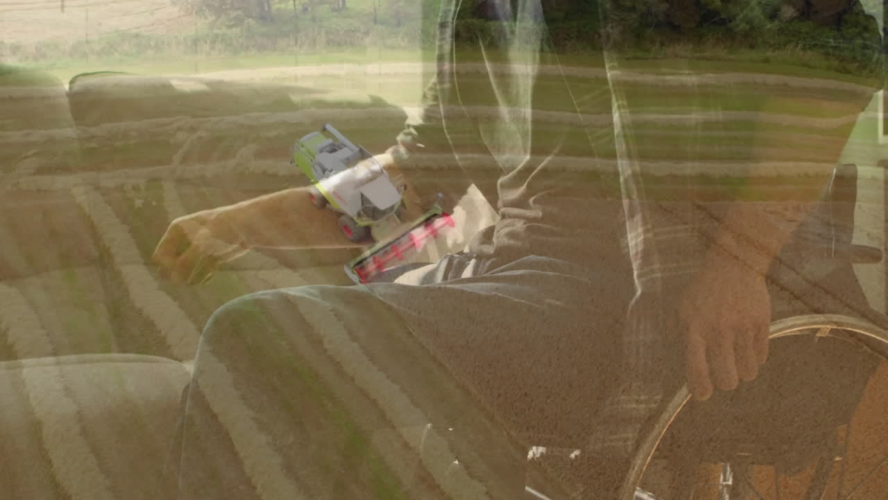 Operating machinery, farmer harvesting crops in expansive field during season