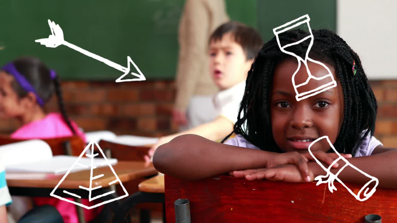 Animation af skoleikoner over forskellige smilende skolebørn