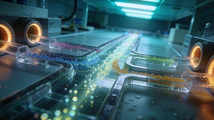 Releasing feed ports propelling glowing bead stream through channels at lab into trays for sorting