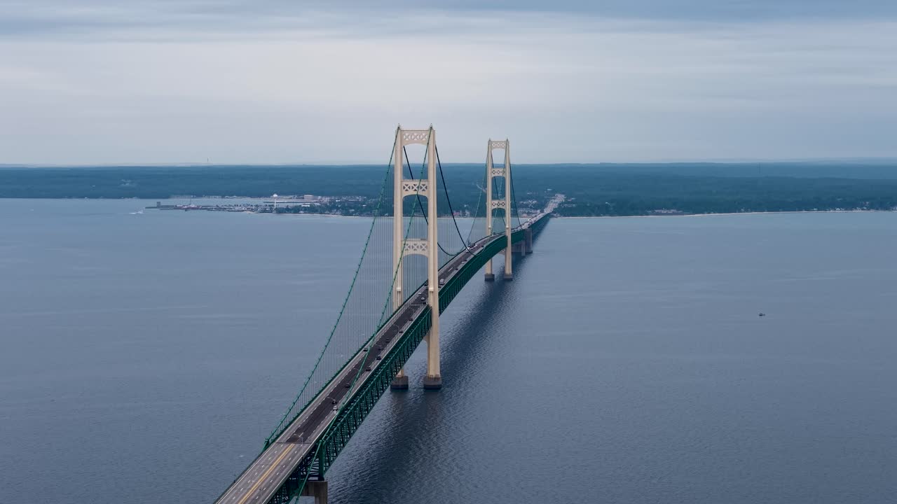 Aerial drone view of the Mackinac Bridge stretching across the Straits of Mackinac, linking Michigan’s Upper and Lower Peninsulas