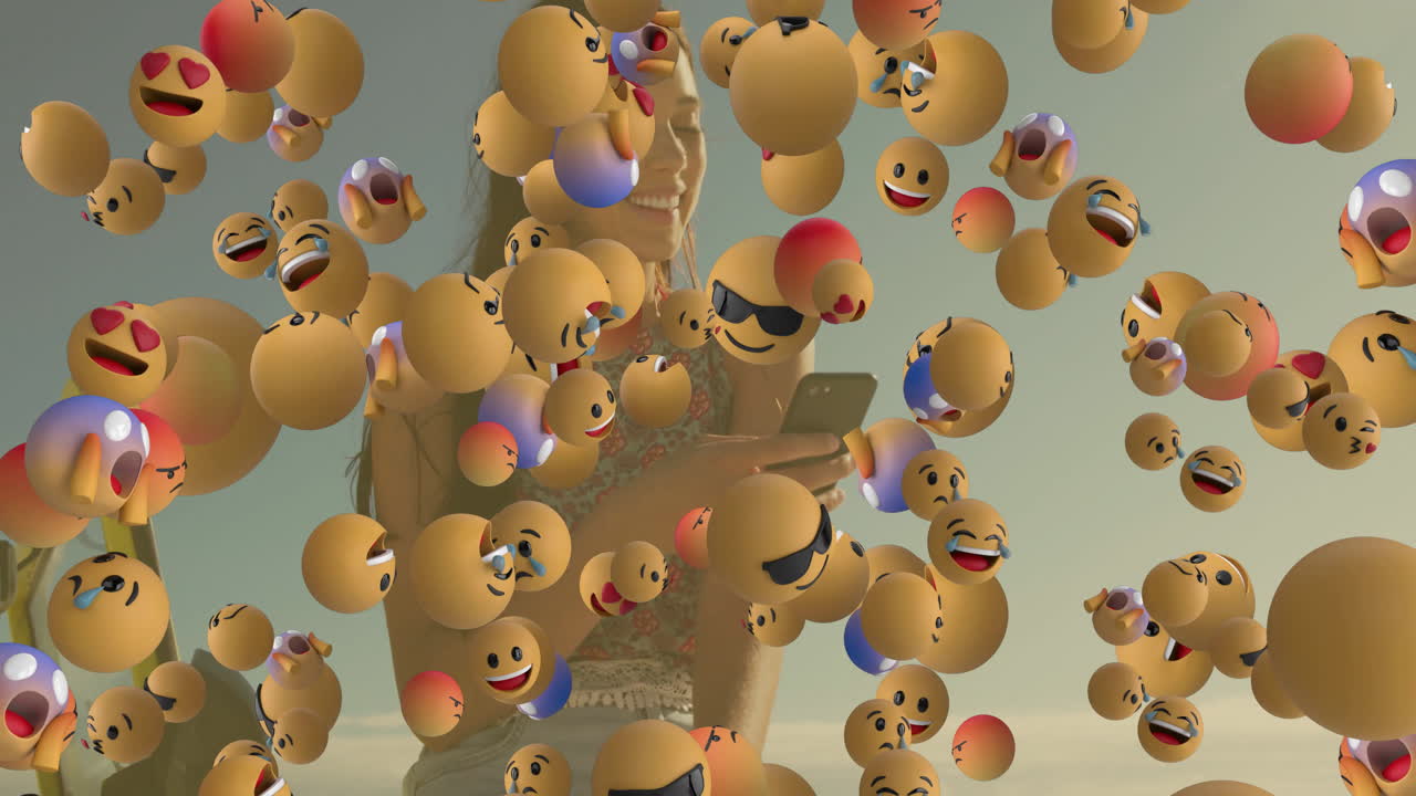 Floating emoticons with various expressions in animation over blurred background