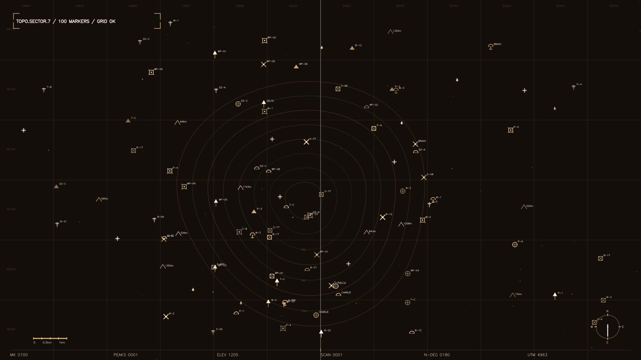 A sophisticated tactical interface displays a topographical sector map with numerous active markers and a coordinate grid. The amber toned UI features concentric radar rings, alphanumeric waypoints, a