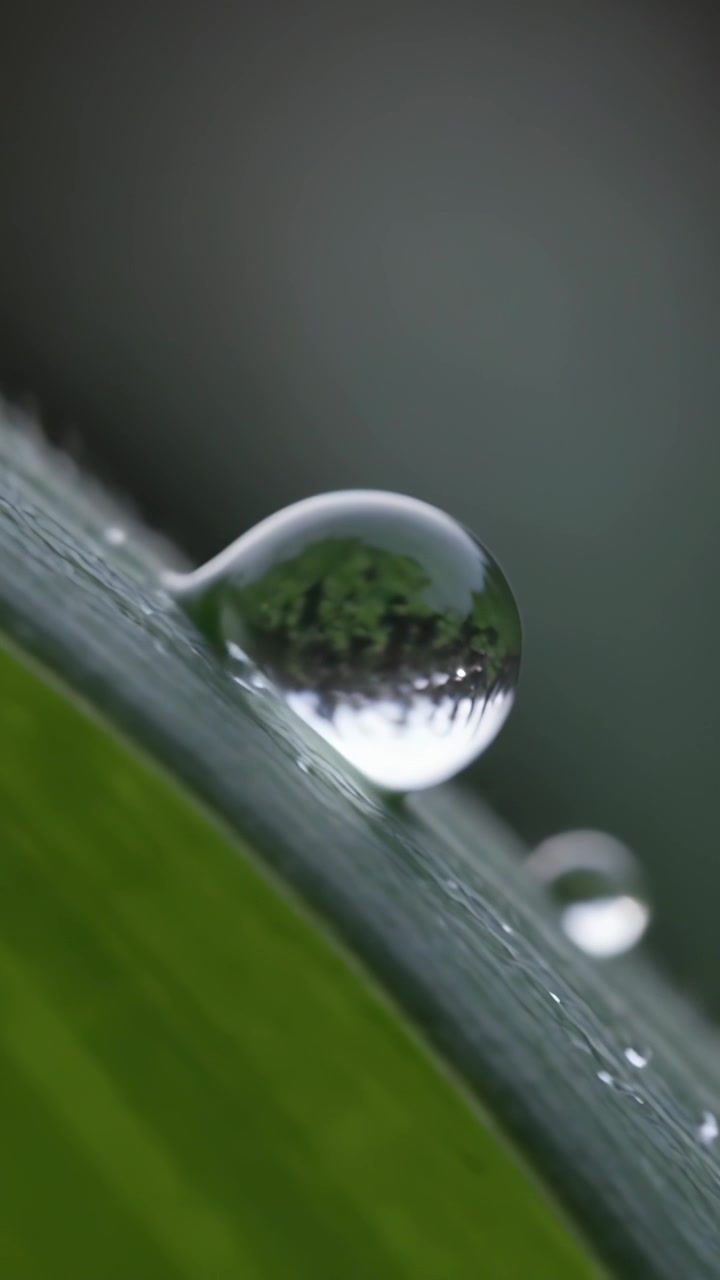 Verticale video: Glijdende heldere druppel op een blad in een tuin bij een helling, met zicht op de plant, parels, filmisch.