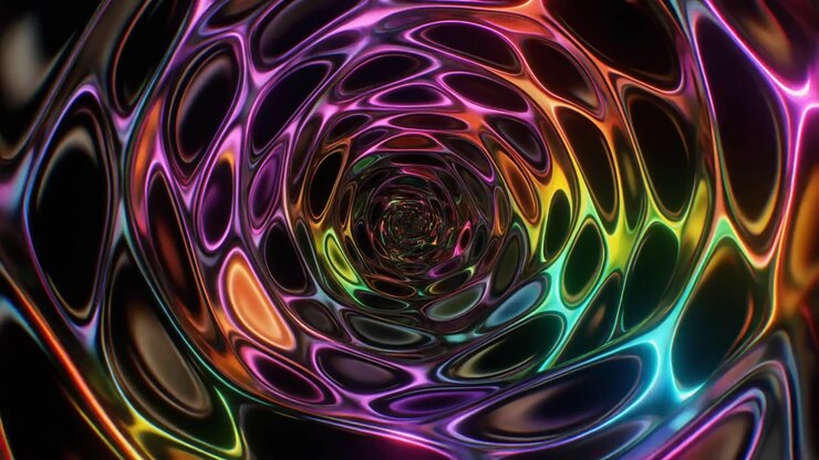 Abstract Tunnel of Glowing Iridescent Liquid Shapes