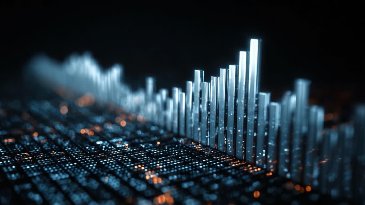 Dynamic Visualization of Data: A Crystal-Clear Digital Landscape with Glowing Bars and Dots Depicting Unfolding Trends and Patterns in the Digital Realm